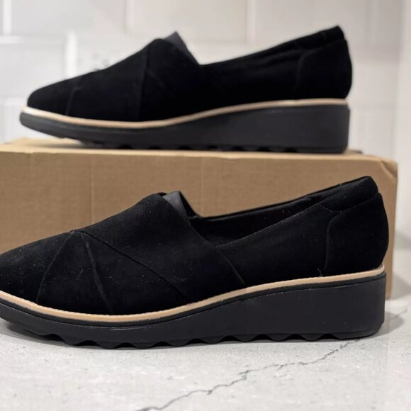 NEW: Clarks Womens Suede Slip-Ons Loafer (Sharon Form) Black - Size 10W - Picture 1 of 6